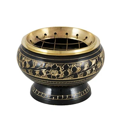 Afbeelding van NKlaus wierookbrander gedessineerd zwart goud messing met rooster 6cm wierook op zand 4013