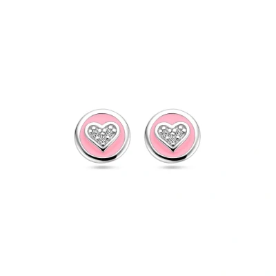 Afbeelding van Zilver Gerhodineerd Oorknoppen Hart Zirkonia En Roze Emaille 1339082
