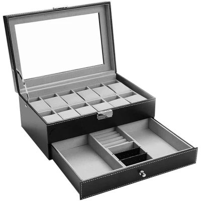 Afbeelding van Horlogebox met 12 vakken voor herenhorloges, imitatieleer, sieradendoos, brillen en zonnebrillendoos, afsluitbare horlogekast, sieradenlade opberging presentatie
