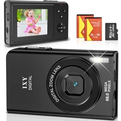 Afbeelding van digitale camera 68 MP 4K met 16 voudige zoom oplaadbare compacte machine 64 GB kaart voor kinderen, studenten, beginners (zwart)