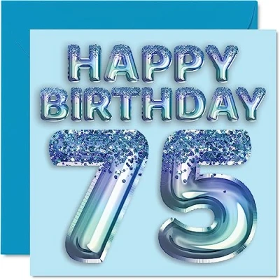 Afbeelding van 75e verjaardagskaart voor mannen blauwe glitter feestballon gelukkige verjaardagskaarten 75 jarige man overgrootvader opa papa Gran, 145 mm x vijfenzeventig wenskaarten