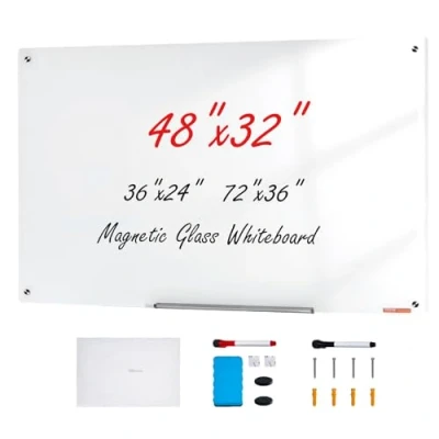 Afbeelding van VEVOR magnetisch glazen whiteboard, wandbord droog uitwisbaar bord 120 x 80 cm, wandgemonteerd wit zonder frame, met pennenbakje, een gum en 2 pennen, magneetbord