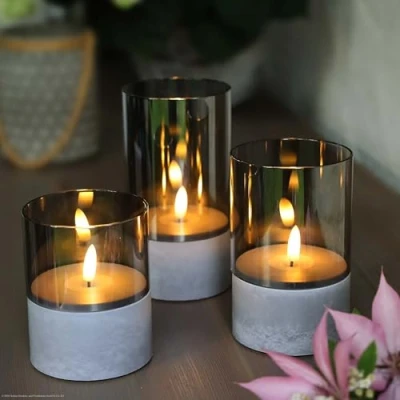 Afbeelding van hellum 151992 led kaarsen met timer, grijs, set van 3 in verschillende kleuren, kaarsen, flikkerende vlam, buitentimer, batterijen 6 x AA (niet meegeleverd) 10/12,5/15 8 cm (h Ø)