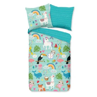 Afbeelding van Kinderdekbedovertrek 135x200 cm Dieren en Regenbogen Print Aqua 1 Persoons 100% Katoen Oeko Tex Gecertificeerd