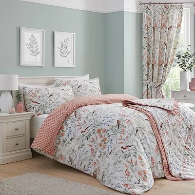 Afbeelding van Dreams &amp; Drapes Dekbedovertrek met zalmperzikbloemen en vogels super kingsize beddengoed (260 x 220 cm) omkeerbaar (2 ontwerpen) 3 stuks vintage bloemen in terracotta