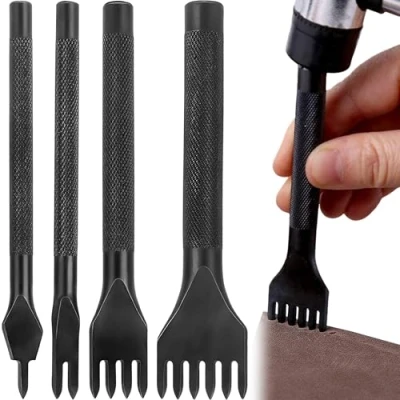 Afbeelding van MINGZE 4 Stks/Set Lederen Vorkpons Craft Tool, 1/2/4/6 Tanden DIY Handgemaakte Naaien Tools Veter Stiksels Punch Diamond Lacing Borduurwerk Beitel Leer Rand Skiving Perforatorsets Kits (4mm)