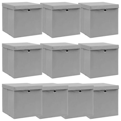 Afbeelding van Opbergboxen met deksel 10 st 32x32x32 cm stof grijs