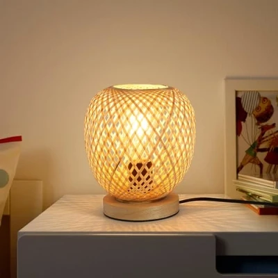 Afbeelding van Bamboe gevlochten bedlampje, Boheemse bureaulamp handgemaakte houten basis creatieve E27 decoratieve voor slaapkamer eetkamer bruiloft feest binnen of buiten