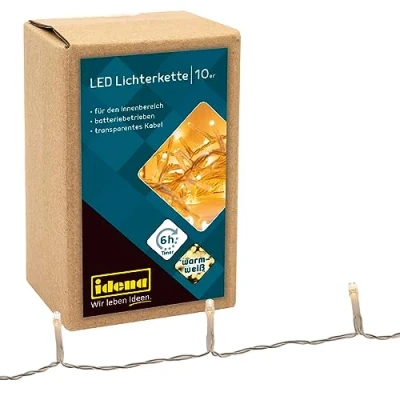 Afbeelding van Idena 8582065 Led lichtketting met 10 leds, warmwit, 6 uur timerfunctie, werkt op batterijen, ca. 1 m lang, voor binnen, als decoratie feestjes, Kerstmis, bruiloft