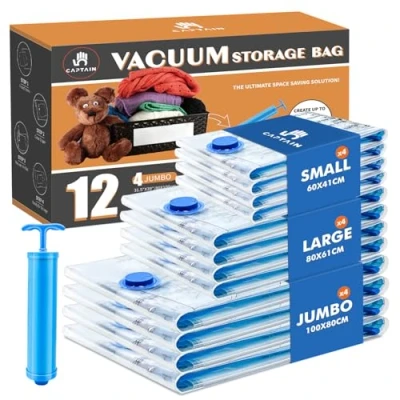 Afbeelding van Captainfive Vacuümzakken voor kleding, dekbedden, 12 stuks, 3 maten (4 x 100 80 cm + 4 61 60 41 cm), vacuüm kledingzak, opbergzak, op reis, met stofzuiger, handpomp