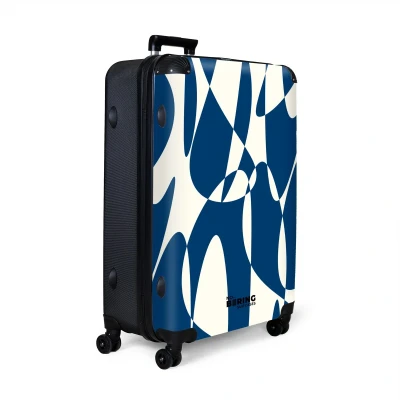 Afbeelding van NoBoringSuitcases.com® Koffer groot Reiskoffer lichtgewicht Blauw met witte abstracte vormen Rolkoffer 4 wielen Grote trolley XL 98 liter bagage