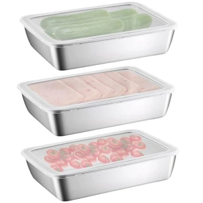 Afbeelding van Nivofu 3 STKS Rvs Maaltijddoos Voedsel Containers met Plastic Deksels Deli Vlees Opbergdoos Koelkast Crisper Luchtdicht Koekje Container Salade Plaat Groente voor