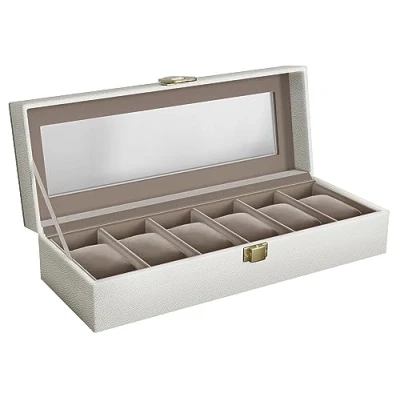 Afbeelding van SONGMICS JWB006W01 Horlogedoos met 6 sleuven, horlogekast, glazen deksel, horlogedisplay box, afneembare horlogekussentjes, metaalsluiting, cadeautip, zwart synthetisch leer, cappuccino beige voering