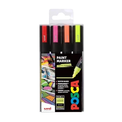 Afbeelding van POSCA PC 5M permanente marker verf pennen bullet tip voor kunst en ambachten. Multi oppervlak gebruik op hout metaal papier canvas karton glas stof keramiek steen kiezel porselein set van 4
