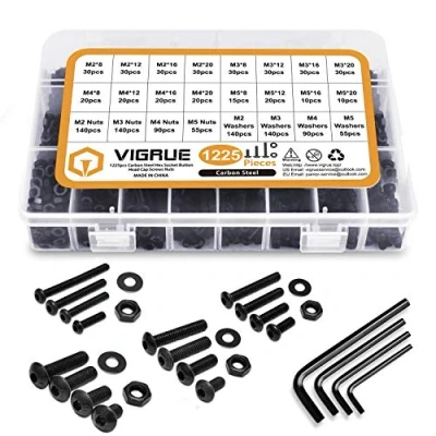 Afbeelding van 1225 delige cilinderbouten van koolstofstaal, M2, M3, M4, M5, lenskop, binnenzeskant, schroefdraadbouten, set met moeren, sluitringen en inbussleutels in assortimentsdoos VIGRUE