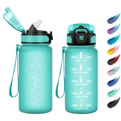 Afbeelding van Drinkfles, 500 ml, lekvrij, gemakkelijk te openen, motiverende waterfles met rietje, voor camping, fietsen, school