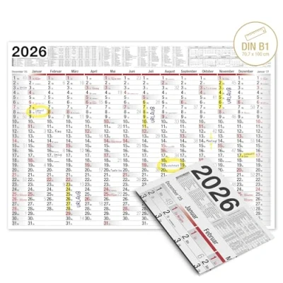 Afbeelding van TOBJA wandkalender 2025, groot, met feestdagen en vakanties, DE, AT, jaarplanner 100 x 70 cm, XXL opgerold of gevouwen, hoogwaardige kalender, 1 stuk gevouwen
