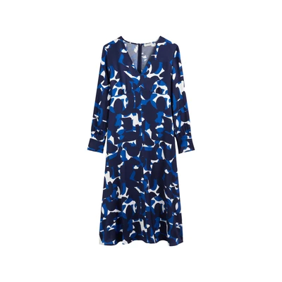 Afbeelding van Marc O&#039;Polo Dress MIDI Length V NECK Feminine Style Flared Skirt Longsleeve Printed Jurk, Dames, Maat: 32, Blue