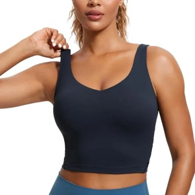Afbeelding van CRZ YOGA Butterluxe Dames Sportbeha Met V hals En Gewatteerde Crop Top Ingebouwde Bh Schemering Blauw M