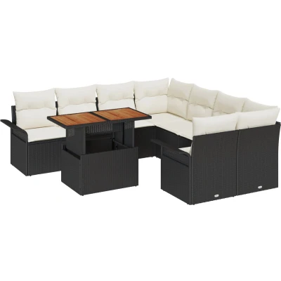 Afbeelding van vidaXL 9 delige Tuin Sofa Set met Kussens Zwart Poly Riet Acacia