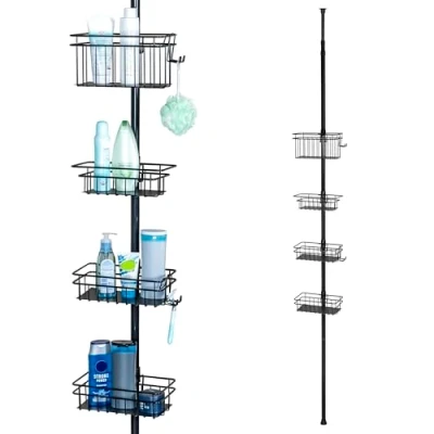 Afbeelding van bremermann Telescopisch badkamerrek, 4 manden, 2 haken, telescopische stang tot max. ca. 290 cm, in hoogte verstelbaar roestvrij doucherek, klemrek zonder boren (zwart)