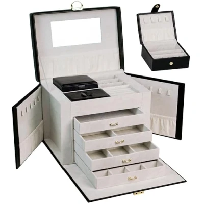 Afbeelding van Sieradendoos, groot, afsluitbaar, 5 niveaus met laden, spiegel, voor ringen, oorbellen, kettingen en armbanden, elegant klassiek (zwart)