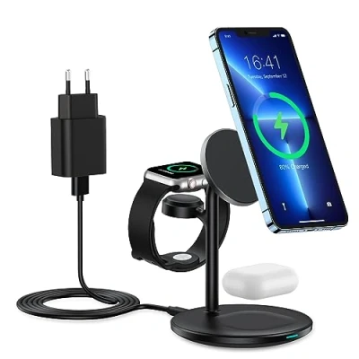Afbeelding van Magsafe 3 in 1 oplader, inductief laadstation, compatibel met iPhone 15/14/13/12 serie, draadloze oplader voor Apple Watch Ultra/8/7/6/5/4/3/2, AirPods