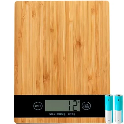 Afbeelding van Retoo keukenweegschaal bamboe, lcd display, digitale weegschaal tot 5 kg, hoogwaardige en natuurlijke huishoudweegschaal van echt bakken, koken huishouden, tarra functie