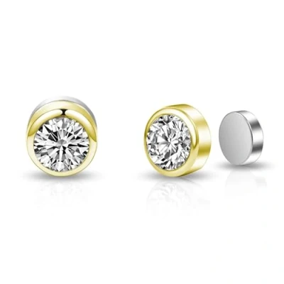 Afbeelding van Philip Jones Vergulde 6mm magnetische clip on oorbellen voor heren, gemaakt met Zirkondia® kristallen, Kristal, Kristal