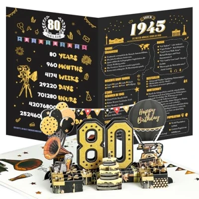 Afbeelding van Joyoldelf 80e verjaardagskaart, 1945 jaargang 3D pop up wenskaarten met envelop, vintage verjaardagscadeaus voor man en vrouw
