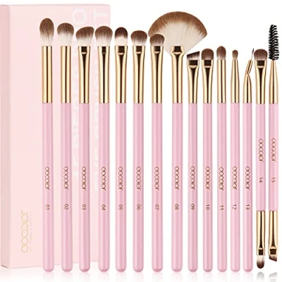 Afbeelding van Docolor Oogmake upkwast, 15 stuks, oogschaduwkwast, oogschaduwkwast voor oogschaduw, wenkbrauw, eyeliner, blending, roze