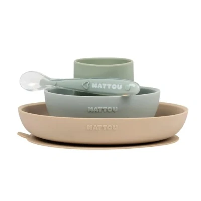 Afbeelding van Nattou Siliconen 4 delig Servies voor Kinderen Bord + Kom Beker Lepel Antislip BPA vrij Groen/Zand