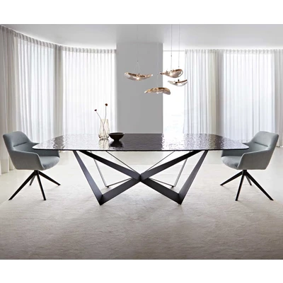 Afbeelding van Eetkamertafel Edge Boot Glas smelten rokerig zwart 3D Relief 240x120 spider vlak staal