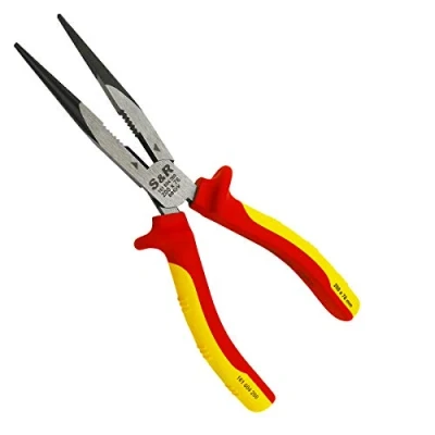 Afbeelding van S&amp;R VDE platte ronde tang 200 mm, rechte punttang, 60 CrV hitte en inductiegehard voor professioneel gebruik, hardheid HRC 66, zijsnijder, 2K greep, slipbescherming, ooievaartnaveltang