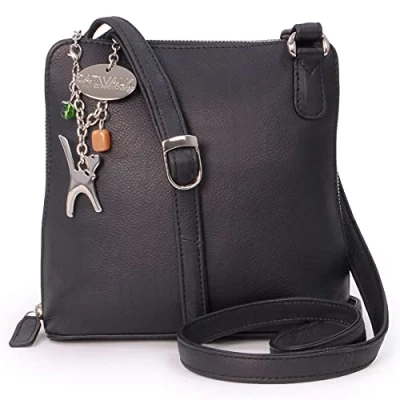 Afbeelding van CATWALK COLLECTION HANDBAGS Dames Medium Leren Cross Body Tas/Schoudertas met lange verstelbare riem ELEANOR Zwart