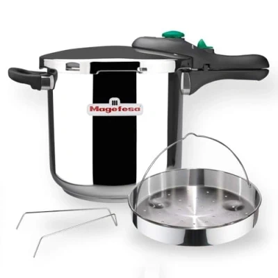 Afbeelding van MAGEFESA ® Dynamic Snelkookpan van 7.5 liter + mandje, vervaardigd uit roestvrij staal 18/10, geschikt voor alle soorten kookplaten, inclusief inductie, 5 veiligheidssystemen, eenvoudig in gebruik