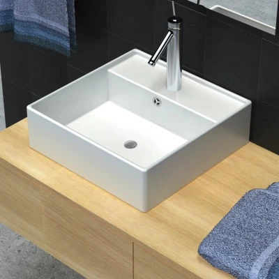Afbeelding van Luxe wastafel met overloop en kraangat vierkant keramiek 41x41 cm