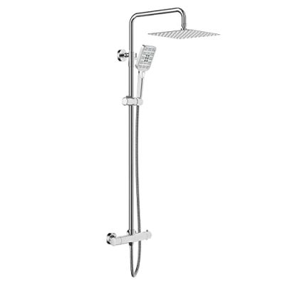 Afbeelding van Rainsworth Douchesysteem met thermostaat, chroom, 25 x cm, vierkante regendouche, roestvrij staal, complete set, regendouche kraan, 3 straalsoorten, douchekop, 92 126 cm douchestang