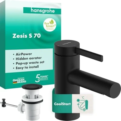 Afbeelding van Hansgrohe Zesis S Wastafelkraan met afvoerplug, EcoSmart+, CoolStart, mat zwart 74710670