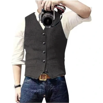 Afbeelding van Solovedress Casual wollen vest met visgraatpatroon voor onder pak, v hals, tweedvest bruiloft, bruidsjonker, grijs, XS