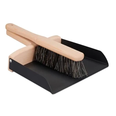 Afbeelding van Relaxdays stoffer en blik, metalen vuilblik, houten handveger, stof, kruimels, vuil, voor keuken, camping, zwart/natuur