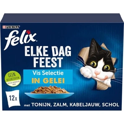 Afbeelding van Felix Elke Dag Feest 7+ Senior Vis Selectie Kattenvoer Natvoer Tonijn Zalm Sardines &amp; Forel 48 x 85 g