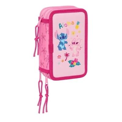 Afbeelding van Driedubbele Pennenzak Lilo &amp; Stitch Chill Roze Munt 12,5 x 19,5 5,5 cm 37 Onderdelen