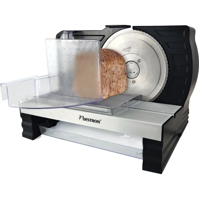 Afbeelding van Bestron Broodsnijmachine, met RSG rvs mes Made in Germany, traploze snijdikte instelling van 0 20 mm, universele broodsnijder keuzeknop voor automatische en handmatige bediening, kleur: Zwart