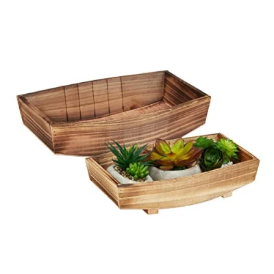 Afbeelding van Relaxdays plantenbak hout set van 2 bloembak laag tuindecoratie houten schaal