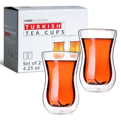 Afbeelding van Verre Collection Dubbelwandige Turkse theeglasbekers, set van 2, 120 ml, kopjes voor warme dranken, ideale theeglazen, geïsoleerde glazen bekers thee, thermoglazen kopjes, 125 ml