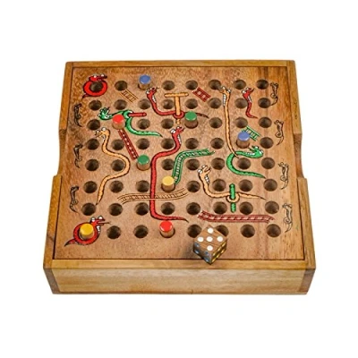 Afbeelding van LOGOPLAY Slang &amp; Ladder, dobbelspel, gezelschapsspel, bordspel van hout