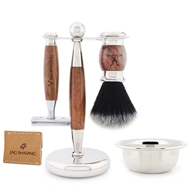 Afbeelding van Jag Shaving LEE reeks 5 delig uitmuntende verzorging verbeter uw scheerbeurt met zwarte synthetische haarborstel, dubbelzijdig scheermes, stijlvolle standaard, leren scheermesetui en klassieke roestvrijstalen scheerkom, kerstcadeau