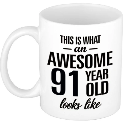 Afbeelding van Awesome 91 year cadeau mok / verjaardag beker 300 ml feest mokken