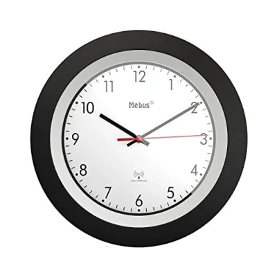Afbeelding van MEBUS Funk Wanduhr/klassisches Model/schwarzer Rahmen/weißes Zifferblatt / 29cm Durchmesser/Rund/Funkuhr (DCF77) Modell: 19447 Farbe: Schwarz, Weiß